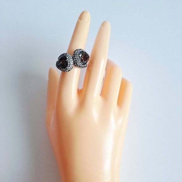 New Sterling Silver Double Smoky Quartz Heart Cubic Zirconia Ring Size 7 - Picture 10 of 12